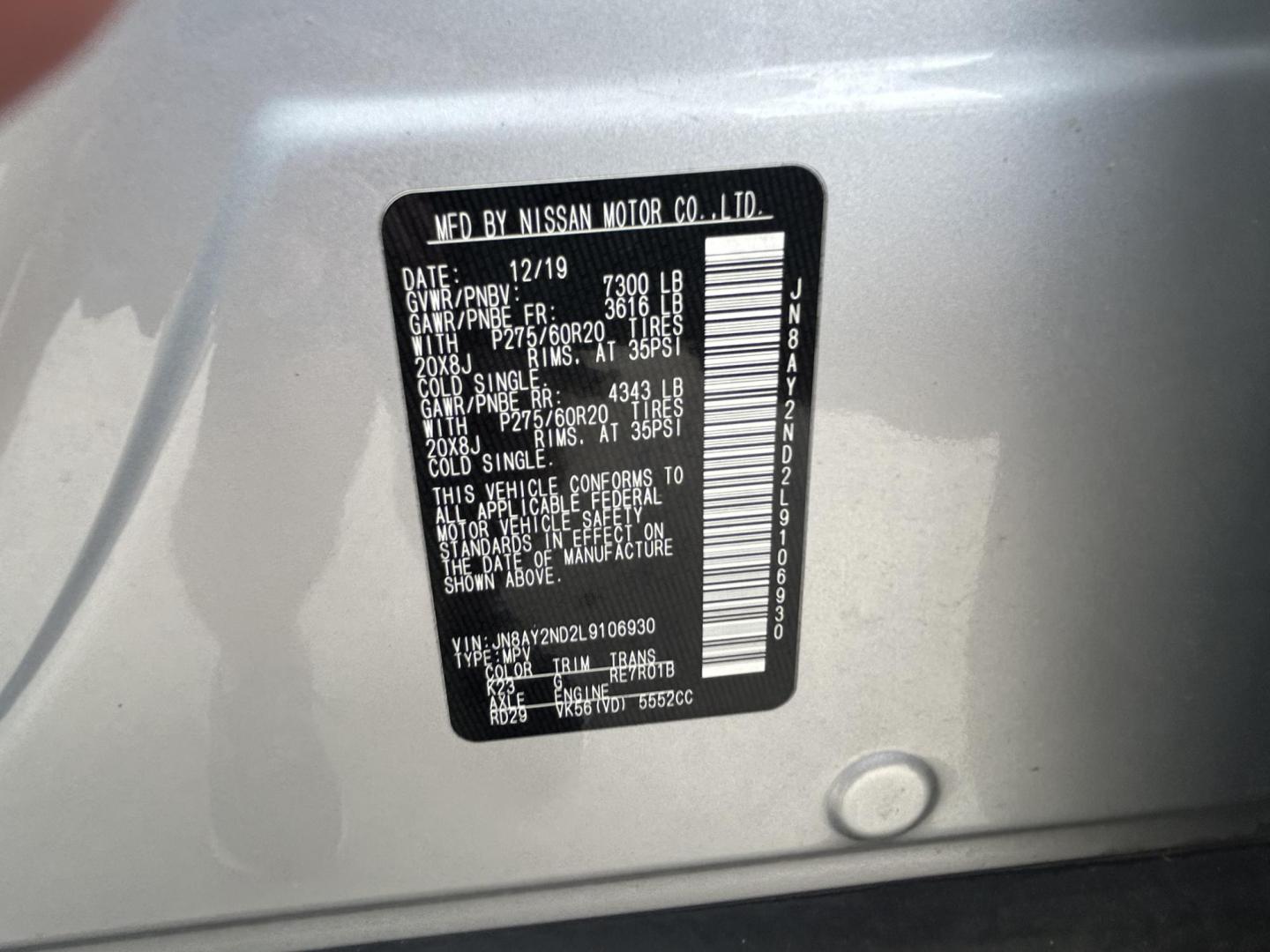 2020 Silver Nissan Armada SL 2WD (JN8AY2ND2L9) with an 5.6L V8 DOHC 32V engine, 7A transmission, located at 1687 Business 35 S, New Braunfels, TX, 78130, (830) 625-7159, 29.655487, -98.051491 - Photo#14