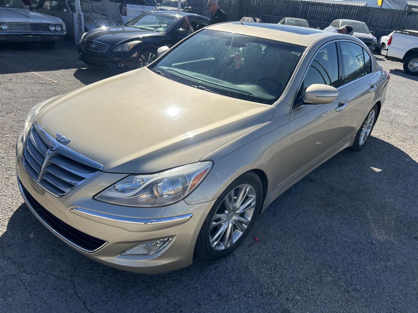 2012 Tan Hyundai Genesis 3.8L (KMHGC4DD0CU) with an 3.8L V6 DOHC 24V engine, 6-Speed Automatic transmission, located at 1687 Business 35 S, New Braunfels, TX, 78130, (830) 625-7159, 29.655487, -98.051491 - Photo#0