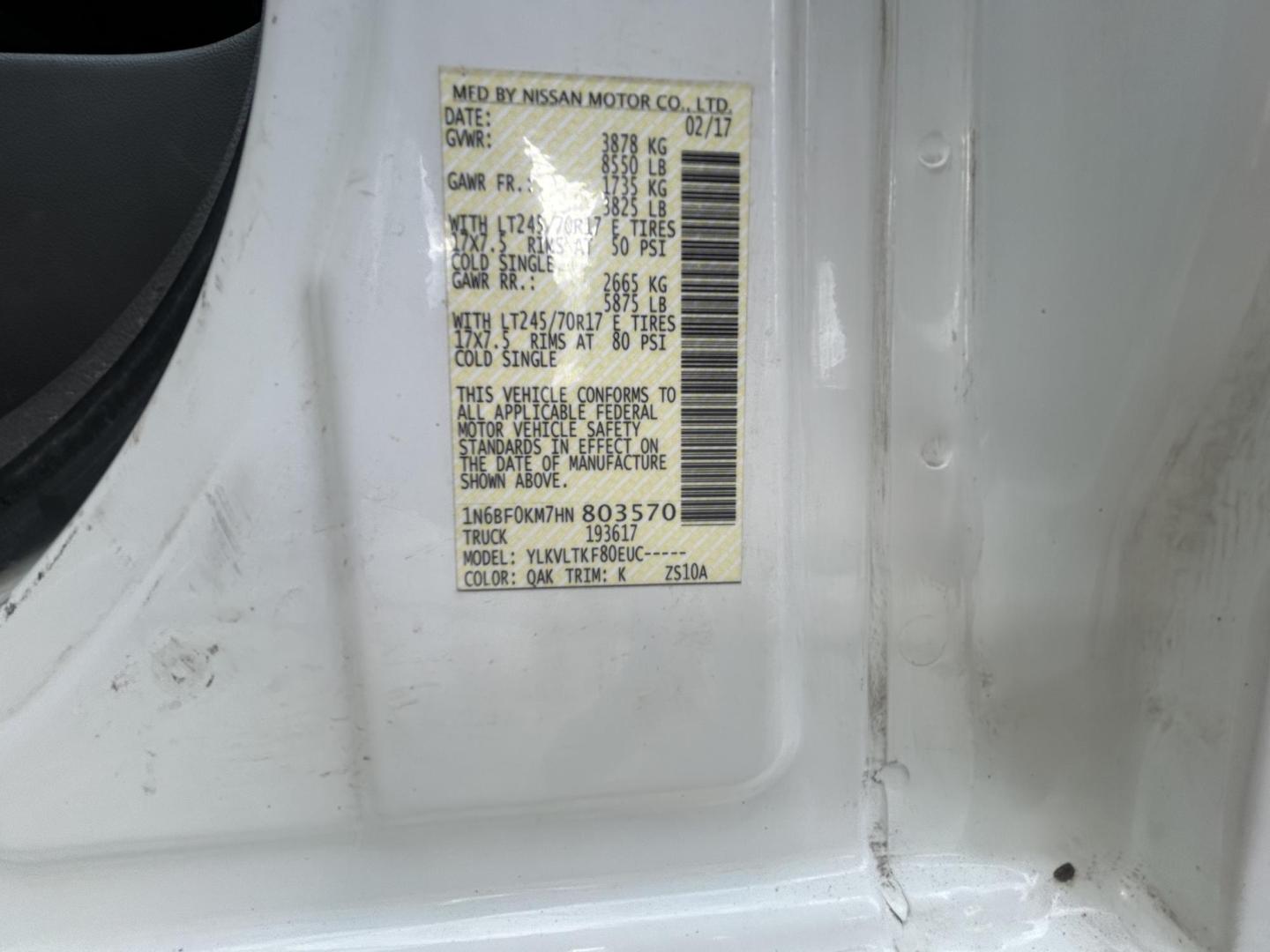 2017 White Nissan NV Cargo 1500 SV (1N6BF0KM7HN) with an 4.0L V6 engine, 5A transmission, located at 1687 Business 35 S, New Braunfels, TX, 78130, (830) 625-7159, 29.655487, -98.051491 - Photo#12