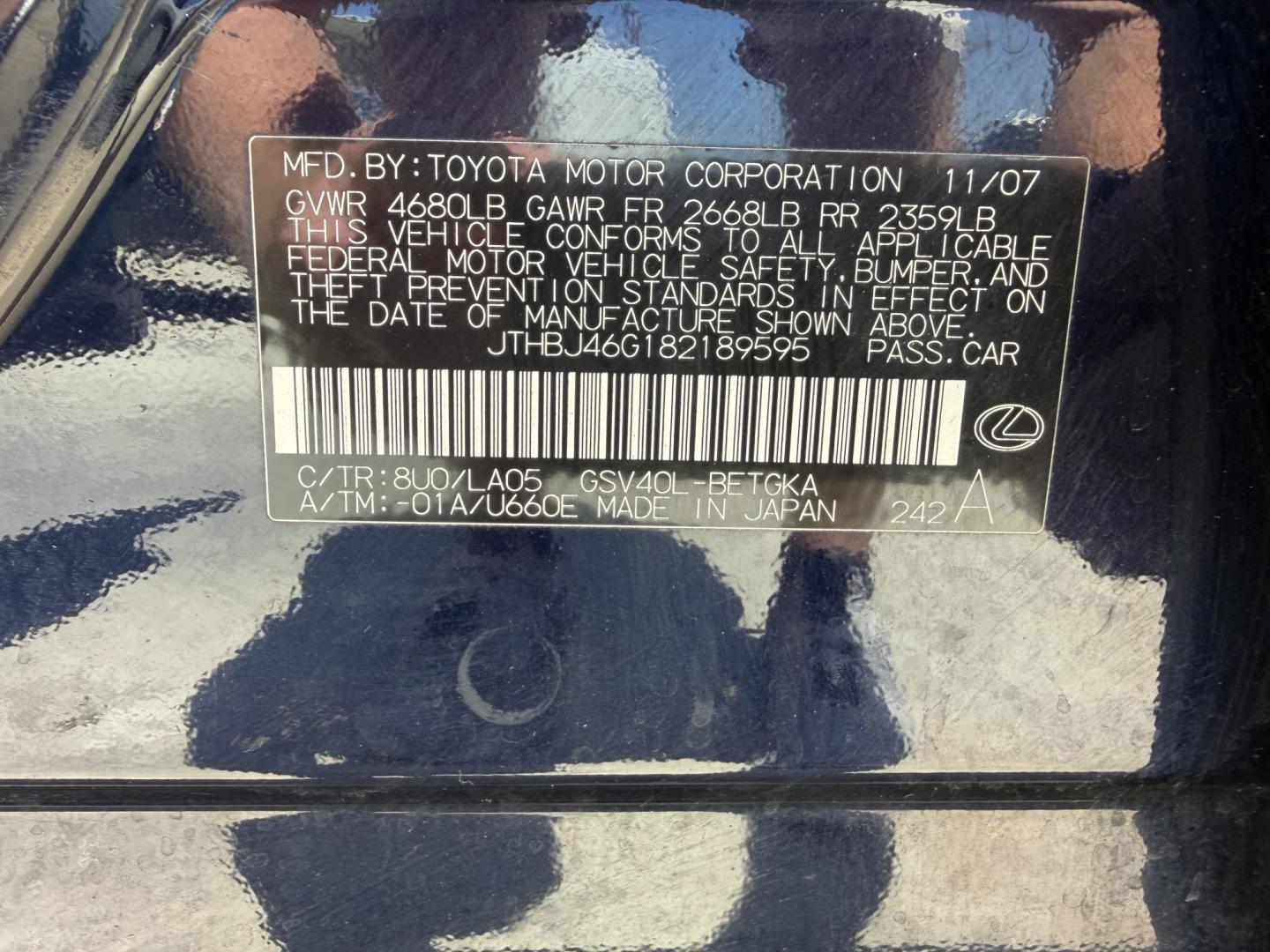2008 Blue Lexus ES 350 Sedan (JTHBJ46G182) with an 3.5L V6 DOHC 24V engine, 6A OD transmission, located at 1687 Business 35 S, New Braunfels, TX, 78130, (830) 625-7159, 29.655487, -98.051491- Photo#12